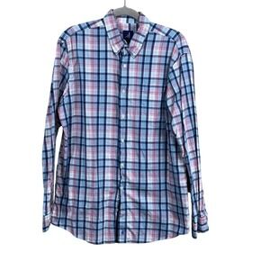 Johnnie O Shirt Mens Large Blue Pink‎ Plaid Long Sleeve Button Lightweight EUC